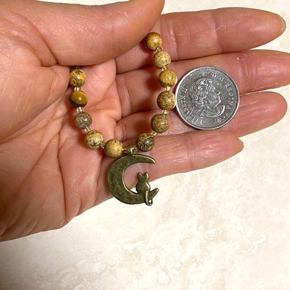 Jasper Stone Bronze Cat on the Moon Necklace, Genuine Gemstone Beaded Necklace - Picture 10 of 10